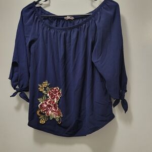 agaci floral embroidered sequin navy crop top floral embellishment tie sleeves M